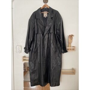 Vintage Luis Alvear Men's Black Leather Trench Coat‎ Size XL